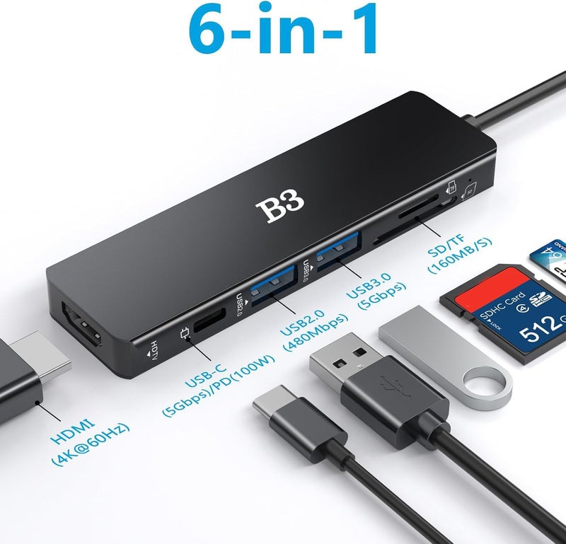 BIGTHREE USB C Hub 6-in-1 Multi-Port Adapter with 4K@60Hz HDMI, 100W PD, 2 USB A Data Ports, and SD/TF Card Reader – Aluminum Type-C Hub for MacBook Air/Pro M1/M2, iPhone, Surface Go, XPS, iPad, Black - Image 2